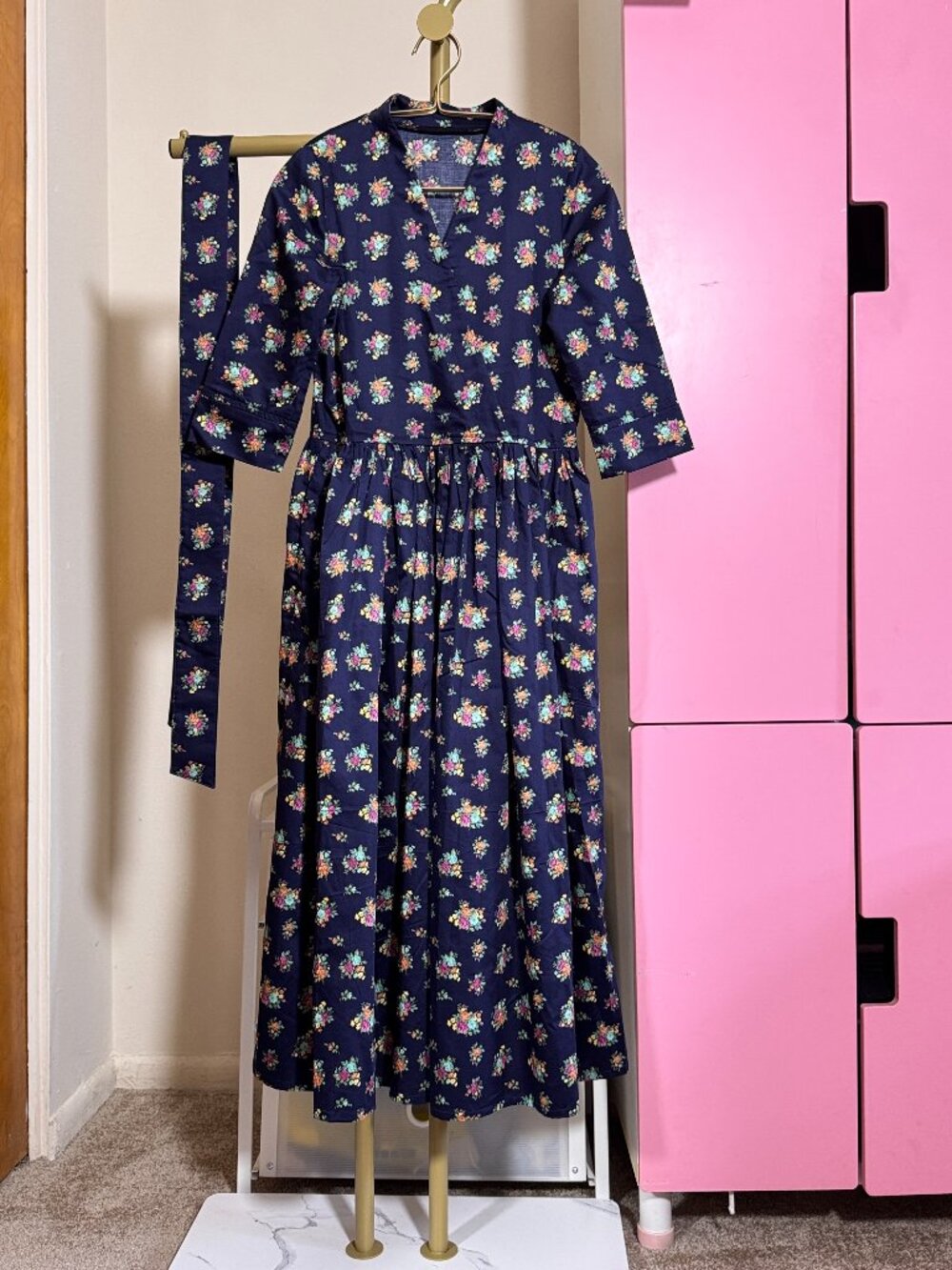 Handmade Navy Floral Wrap Midi Dress, Mercerized Cotton